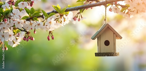Wooden birdhouse hanging on a branch of blooming cherry tree