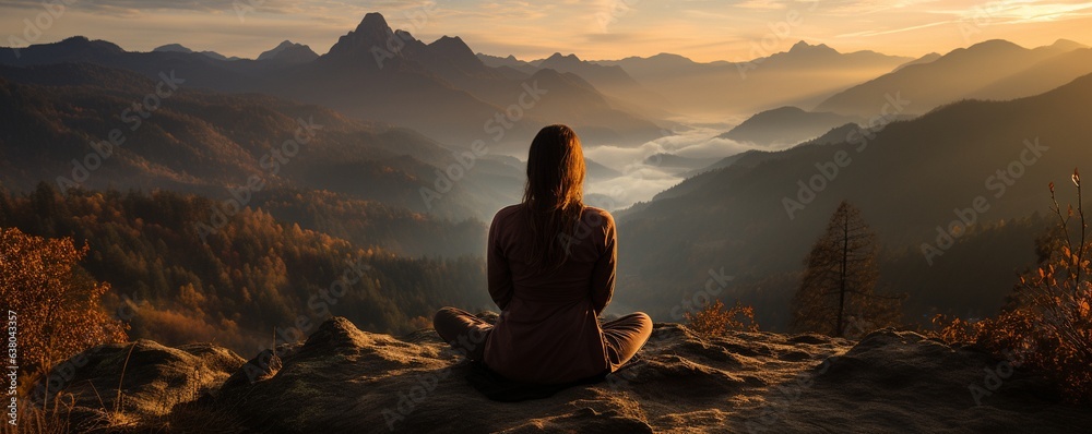 Obraz premium Sunrise panorama of a young woman doing yoga in the mountains.