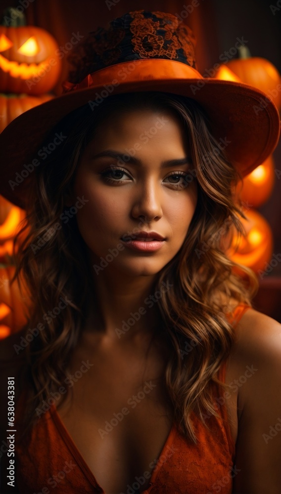 Halloween woman's portrai, with themed costumes and orange pumpkins. Monsters, zombies and sweets. Trick or treat. Halloween holiday. Ai generative. Halloween woman's portrai, with themed costumes and orange pumpkins. Monsters, zombies and sweets. Trick or treat. Halloween holiday. Ai generative.