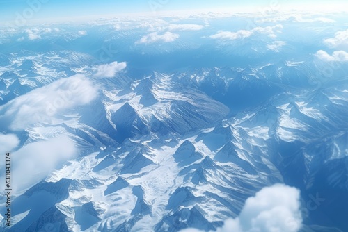 aerial view of snow covered mountains under a clear blue sky