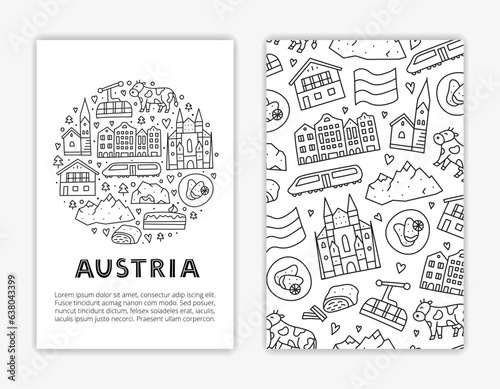 Card templates with lettering and doodle outline Austria icons.