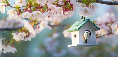 Birdhouse and cherry blossoms in spring, selective focus, toned © Gorilla Studio