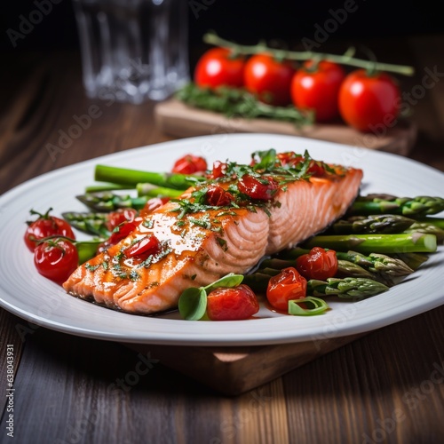 Baked salmon garnish with asparagus and tomatoes. Generative AI