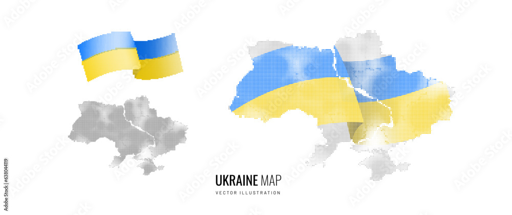 Obraz premium Ukraine map and flag in halftone style. Creative elements of patriotic symbols of the country. Vector illustration