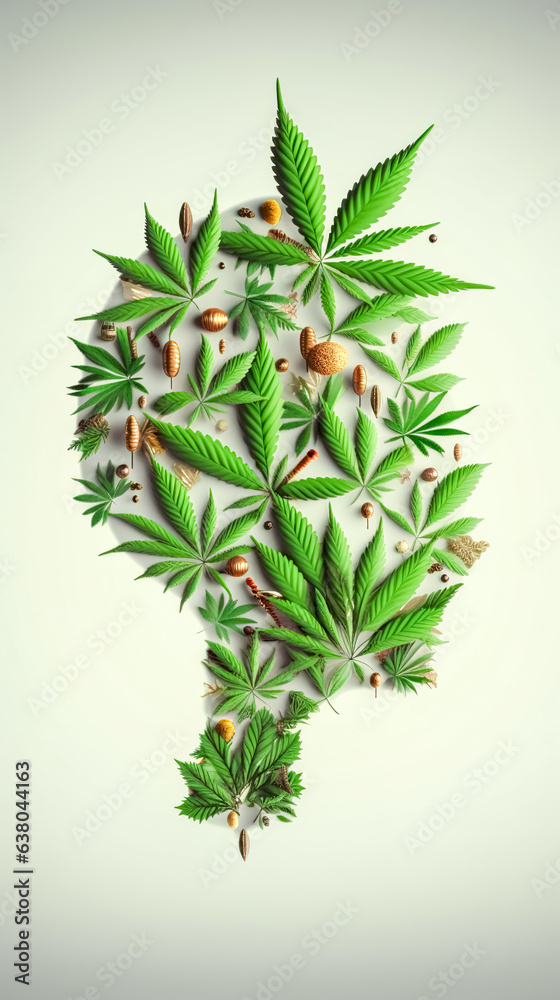 Marijuana leaves and medical pills, generative AI.