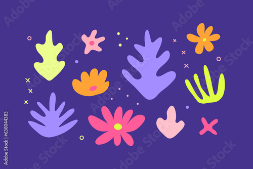 Set of doodle colorful tropical leaves and flowers.