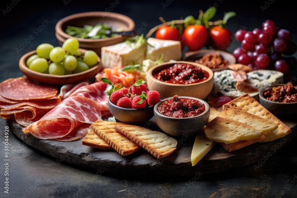 A Mediterranean charcuterie board with a variety of sharing snacks sits above a concrete backdrop.