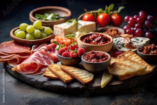 A Mediterranean charcuterie board with a variety of sharing snacks sits above a concrete backdrop.