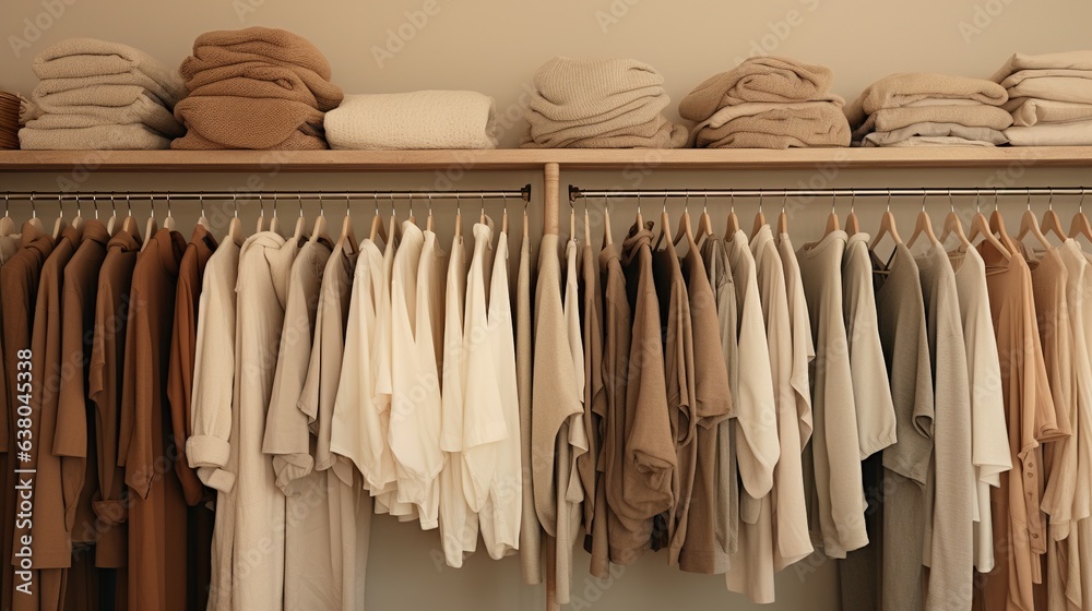 Generative AI, Cloth store aesthetic background, photo of clothes hanging on hangers, muted neutral colors