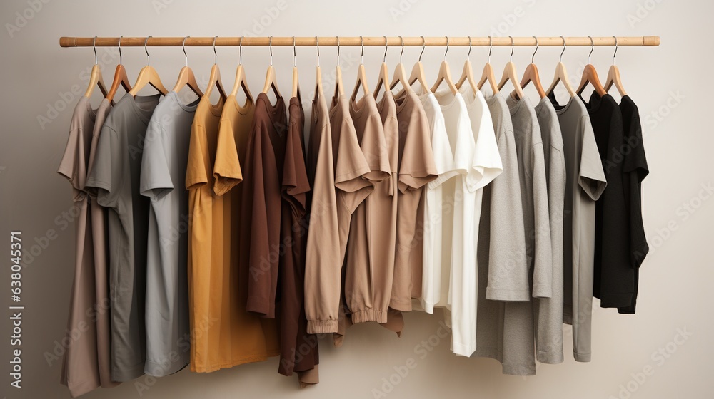Generative AI, Cloth store aesthetic background, photo of clothes hanging on hangers, muted neutral colors Generative AI, Cloth store aesthetic background, photo of clothes hanging on hangers, muted neutral colors