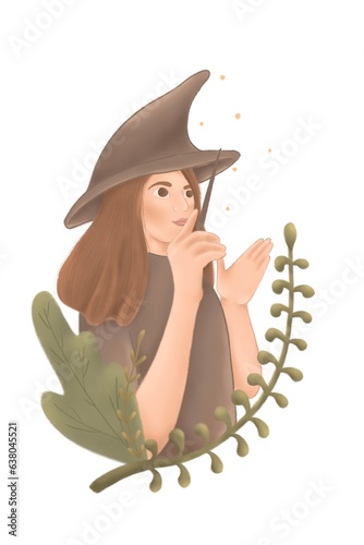 Witch. Girl in a sorcerer's hat holding a magic wand