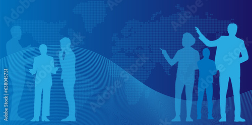 Business characters Group. Vector illustration world map silhouettes of men and a women, a group of standing business people