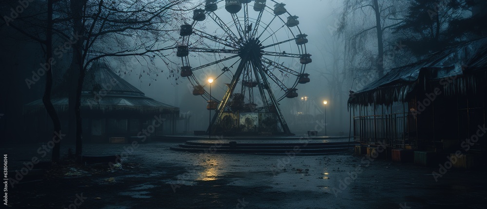 Nighttime abandoned amusement park with sanatorium, ferris wheel, and foggy park. Background concept for Halloween. Generative AI - obrazy, fototapety, plakaty 