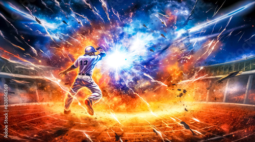 baseball player on fire, energy and movement of the game in arena © edojob