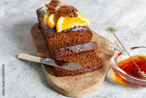 Lekach Yom Kippur jewish  honey spice cake. Close up, selective focus photo