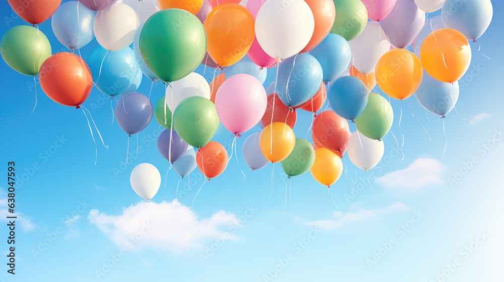 Colorful balloons floating in the sky. Generative AI