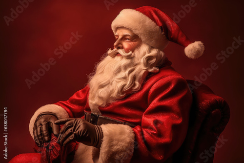 Santa Claus on a red background in the studio with a bag of gifts Merry Christmas. Generative AI.