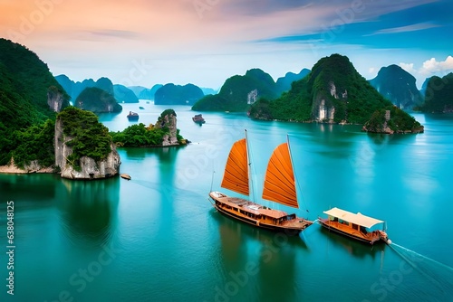Embark on a visual journey to the captivating Halong Bay in Vietnam through a breathtaking travel picture. The bay's iconic limestone karsts rise majestically from the tranquil waters.