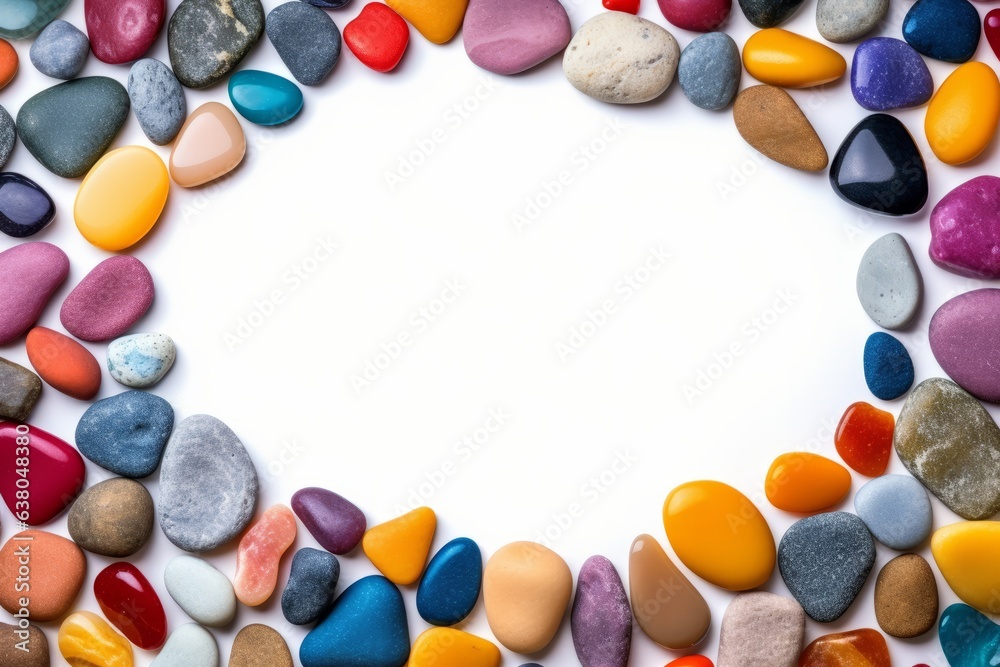 Frame or border made of colorful stones isolated on white background 