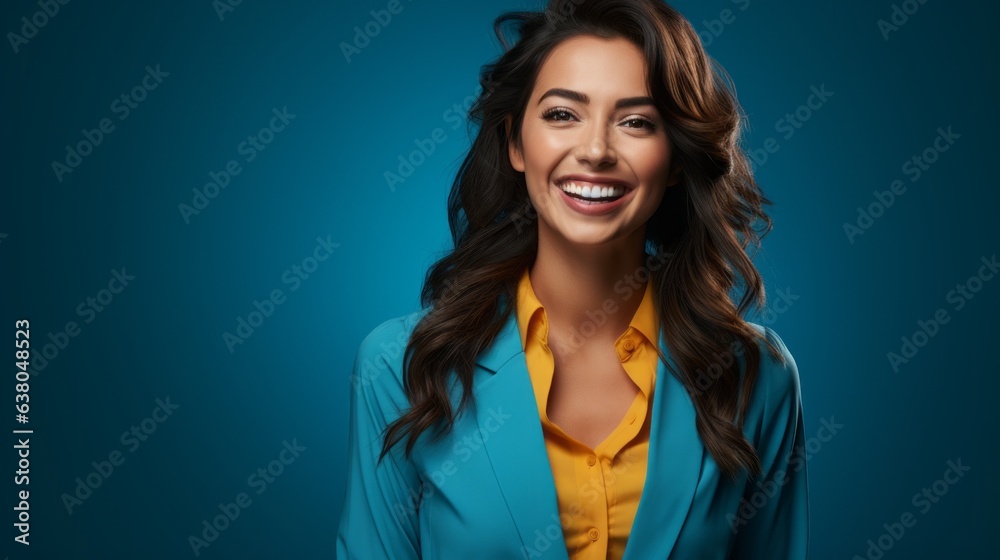pretty woman laughing on a blue background