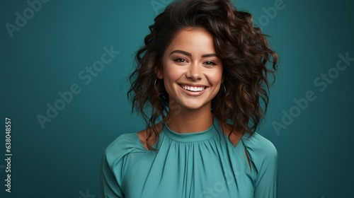 pretty woman laughing on a blue background