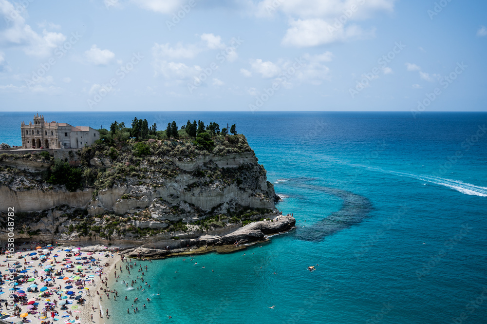 Tropea, August 15, 2023: wonderful view of the beautiful and very touristic seaside village of Calabria