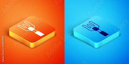 Isometric Garden rake icon isolated on orange and blue background. Tool for horticulture, agriculture, farming. Ground cultivator. Housekeeping equipment. Vector