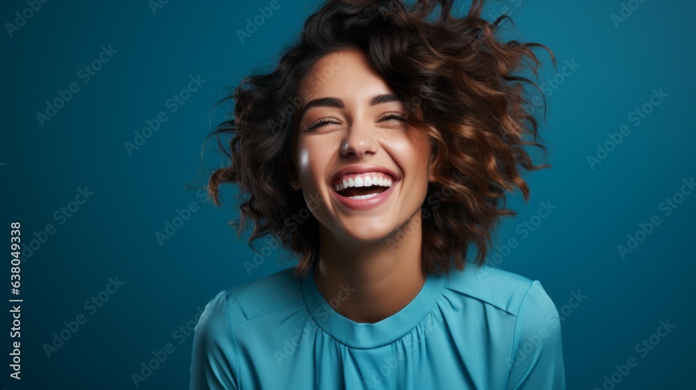 pretty woman laughing on a blue background pretty woman laughing on a blue background