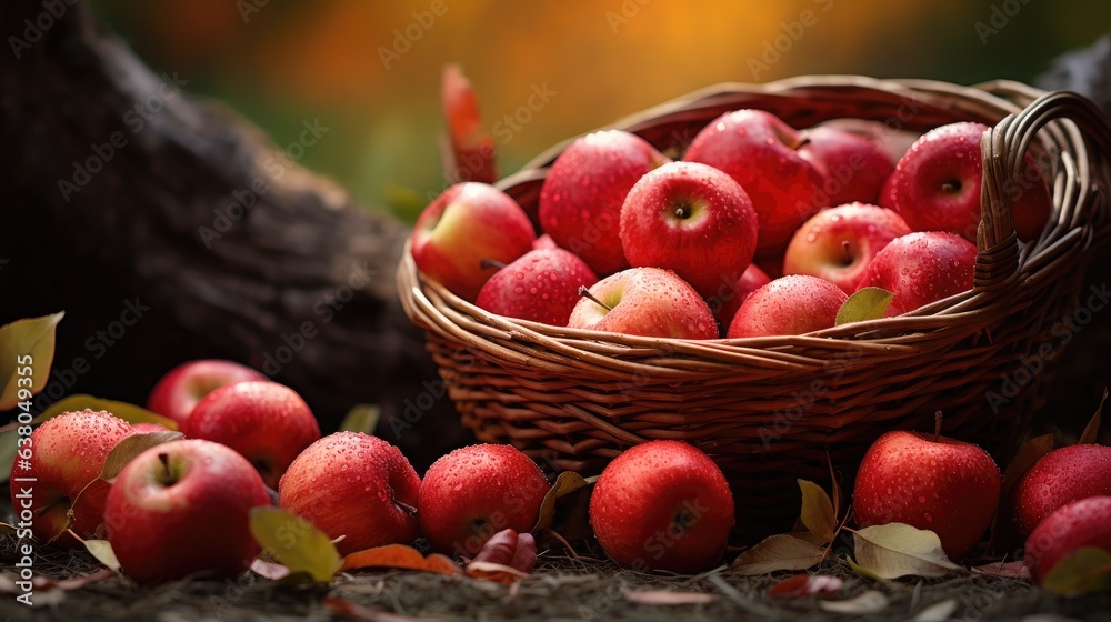 Autumn apples in the basket on autumn leaves background. Generative AI Autumn apples in the basket on autumn leaves background. Generative AI
