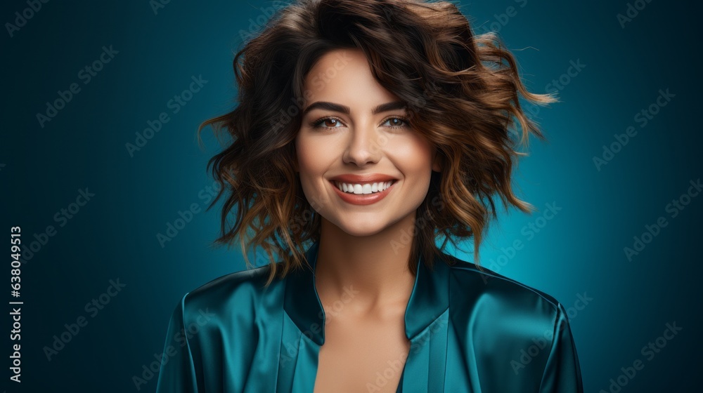 portrait of a laughing girl on a blue background portrait of a laughing girl on a blue background