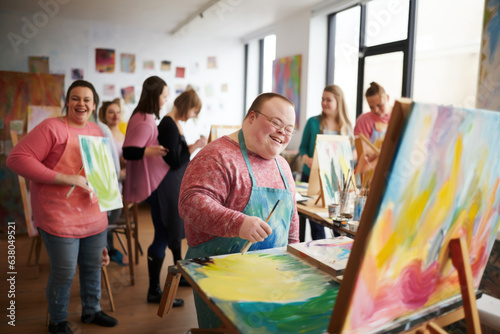Murais de parede Young smiling man with Down syndrome on art workshop with a group of students, learning a new skill