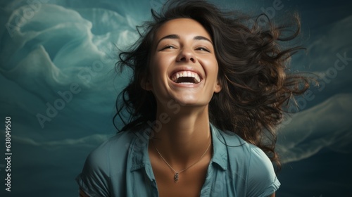 portrait of a laughing girl on a blue background