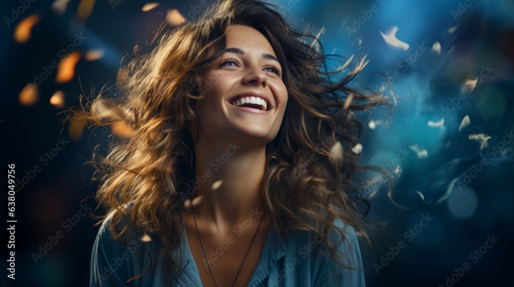 portrait of a laughing girl on a blue background portrait of a laughing girl on a blue background
