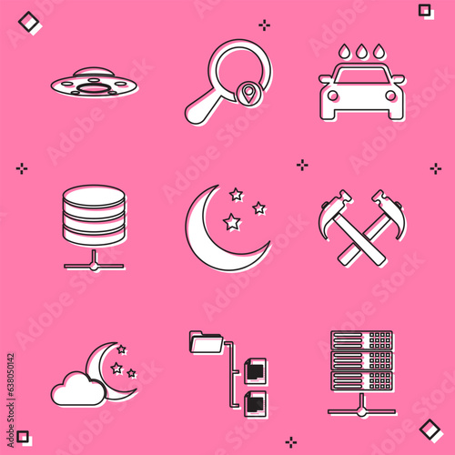 Set UFO flying spaceship, Search location, Car wash, Server, Data, Web Hosting, Moon and stars and Two crossed hammers icon. Vector