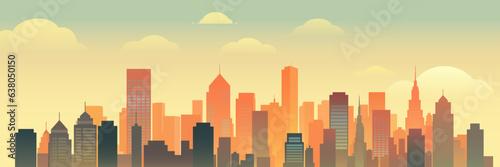 Cityscape with tall skyscrapers and office buildings at sunset. Landscape of a beautiful city. Panorama of the metropolis. vector illustration.
