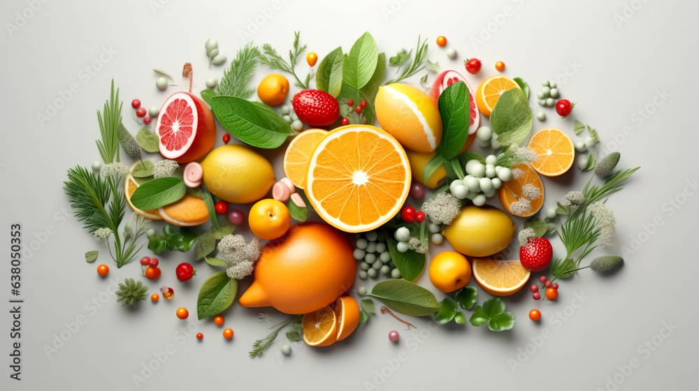 Healthy food, colorful citrus fruit set, vitamin C, generative AI.