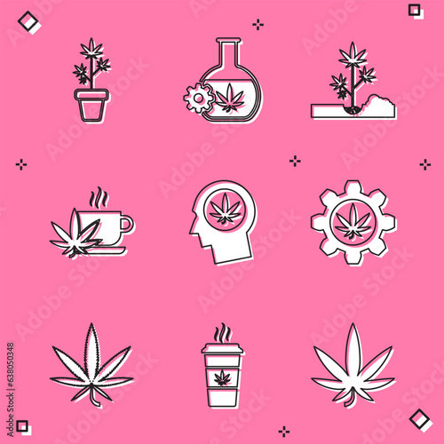 Set Marijuana plant in pot, Test tube with marijuana, Planting, Cup tea, Head profile, or cannabis leaf and coffee icon. Vector