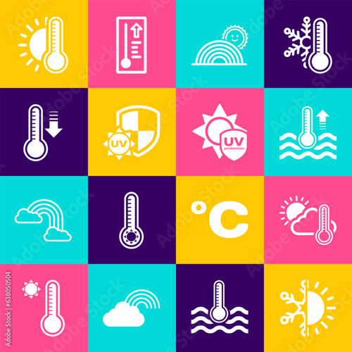 Set Sun and snowflake, Thermometer cloud, sun, Water thermometer, Rainbow with, UV protection, Meteorology, and icon. Vector