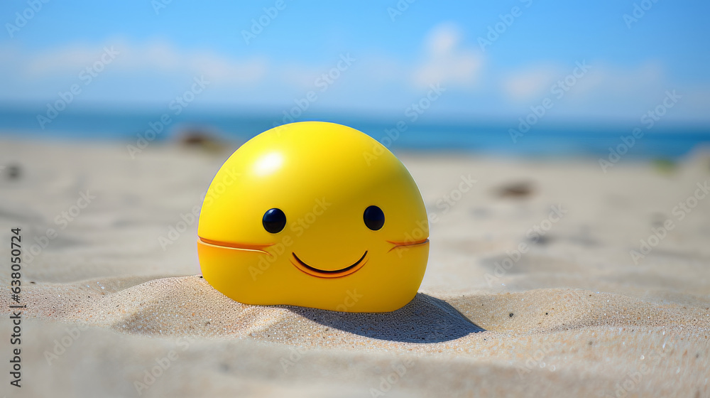 Naklejka premium Joyful cute smiling yellow ball on beach sand, Summer vibes optimism and Happiness