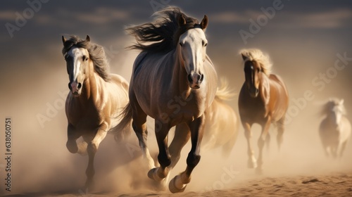 horses run gallop in desert dust
