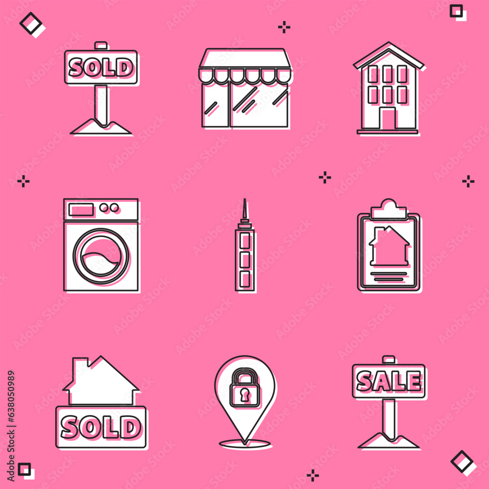 Set Hanging sign with text Sold, Market store, House, Washer, Skyscraper, contract, and Location lock icon. Vector Set Hanging sign with text Sold, Market store, House, Washer, Skyscraper, contract, and Location lock icon. Vector