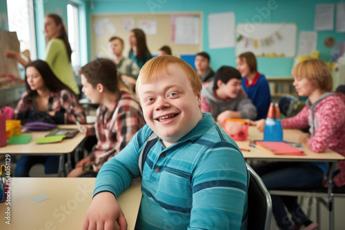 Portrait of a young smiling man with Down syndrome in the classroom with his classmates. Social integration concept.
