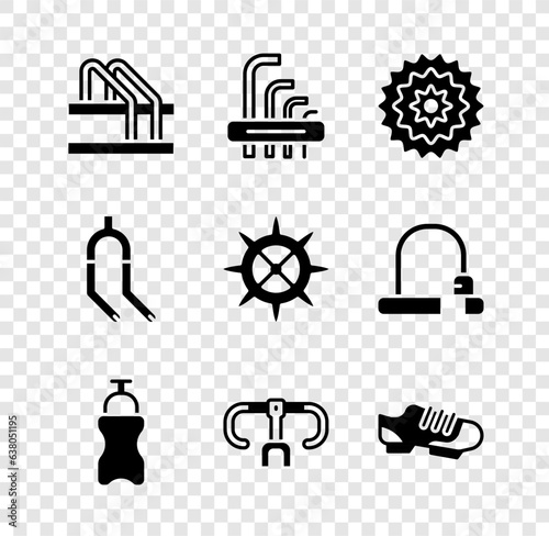 Set Bicycle parking, Tool allen keys, cassette, Sport bottle with water, handlebar, shoes, fork and sprocket crank icon. Vector