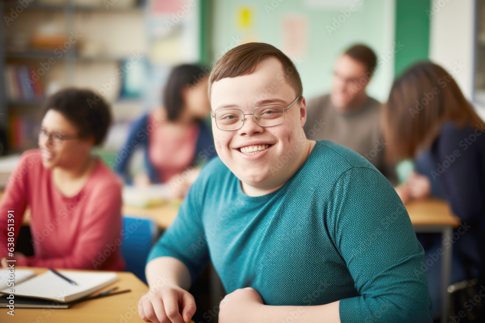 Portrait of a young smiling man with Down syndrome in the classroom with his classmates. Social integration concept. Portrait of a young smiling man with Down syndrome in the classroom with his classmates. Social integration concept.