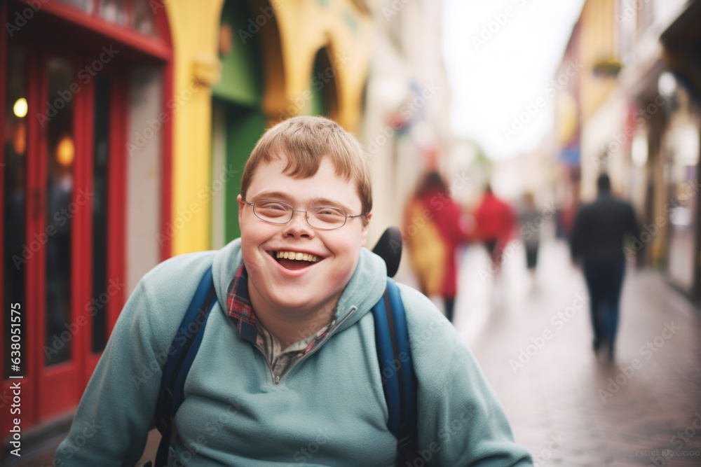Portrait of a happy young smiling man with Down syndrome on the street, traveling. Portrait of a happy young smiling man with Down syndrome on the street, traveling.