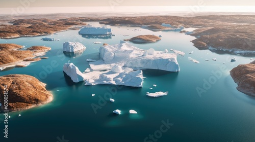 Drone aerial photograph of icebergs depicting global warming and climate change. Ilulissat, a Greenlandic hamlet, may be in close proximity to icebergs from a melting glacier. The Arctic icescape has photo