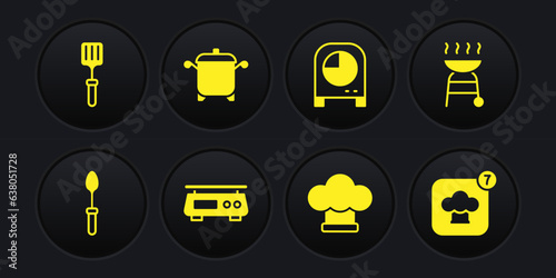 Set Teaspoon, Barbecue grill, Electronic scales, Chef hat, Kitchen timer, Cooking pot, and spatula icon. Vector
