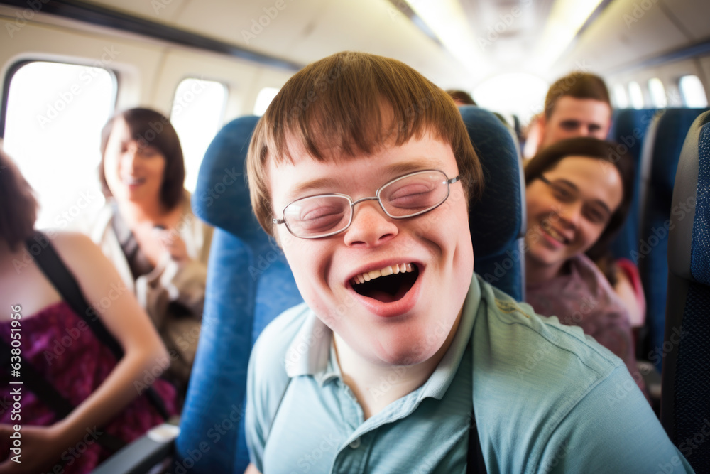 Portrait of a happy young smiling man with Down syndrome inside the vehicle traveling with his friends. Social integration concept. Portrait of a happy young smiling man with Down syndrome inside the vehicle traveling with his friends. Social integration concept.