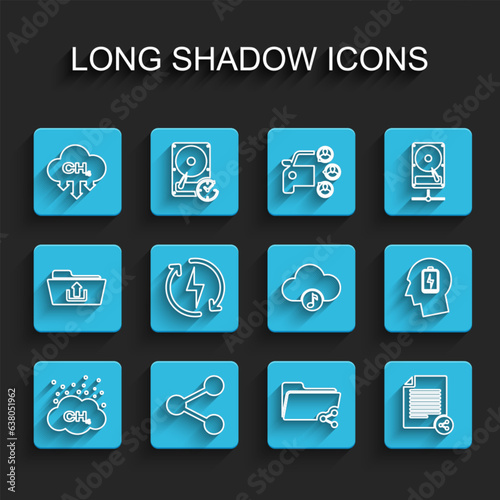 Set line Methane emissions reduction, Share, folder, file, Recharging, Head with low battery and Music streaming service icon. Vector