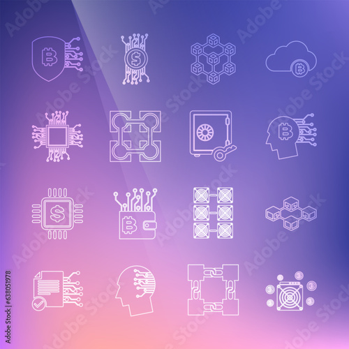 Set line ASIC Miner, Blockchain technology, Bitcoin think, Processor, Shield with bitcoin and Proof of stake icon. Vector